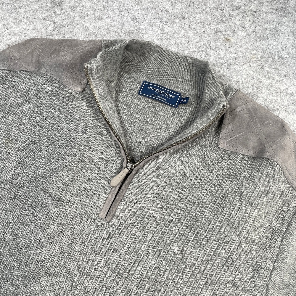 Vineyard Vines Mens Quarter Zip Sweater XL Gray Merino Cashmere Leather Patches